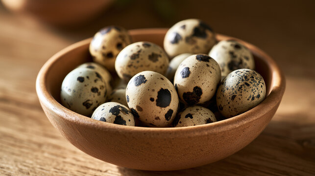 Speckled quail eggs in a shallow ceramic bowl