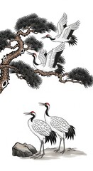 Naklejka premium Elegant Cranes and Pine Tree Traditional Asian Art.