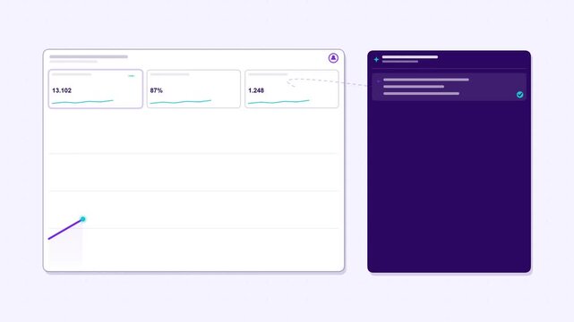 AI copilot insight dashboard animation. KPI counters rising with analytics area chart and assistant chat bubbles on dark panel for business intelligence report concept. Seamless loop motion graphic in