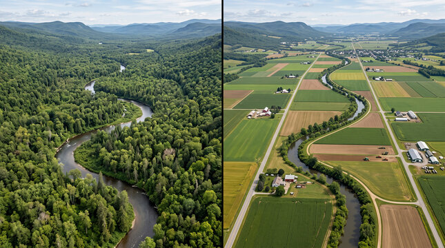 Vue a&eacute;rienne comparative entre une for&ecirc;t primaire dense et des champs agricoles am&eacute;nag&eacute;s