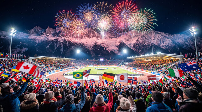 Feu d'artifice spectaculaire au-dessus d'un stade rempli de supporters lors d'une c&eacute;r&eacute;monie en montagne