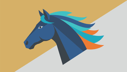 Fototapeta premium Stylish abstract portrait of a horse head with a colorful turquoise and orange mane on a split color background.
