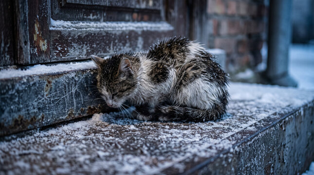 Petit chat errant mouill&eacute; et frissonnant sur des marches enneig&eacute;es devant une porte