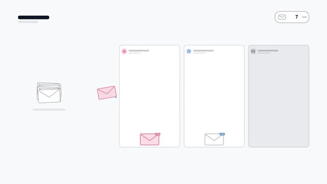 Smart inbox triage animation. Envelope icons flying into sorted columns as unread counter drops to inbox zero for ai email organization concept. Seamless loop motion graphic in 4k