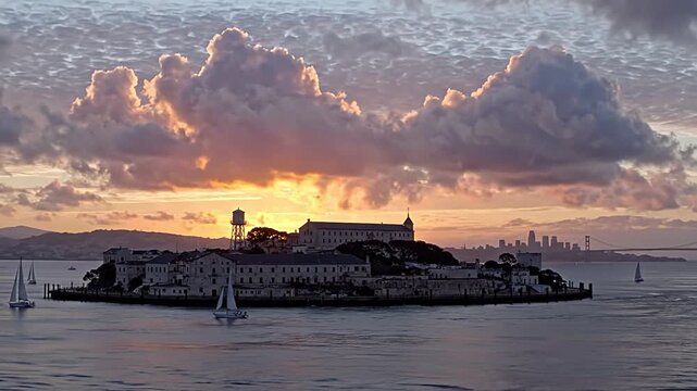 Alcatraz Island in San Francisco Bay at Sunset