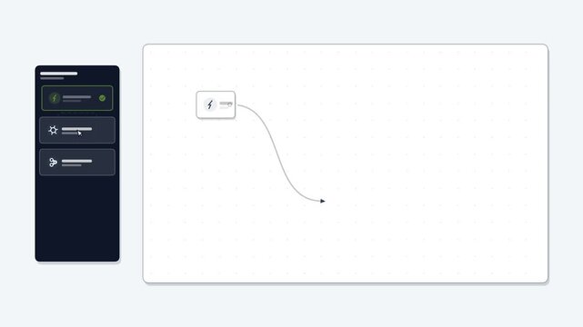 No code workflow builder animation. Cursor dragging trigger action and condition nodes onto canvas with running packet flow for low code automation platform concept. Seamless loop motion graphic in 4k