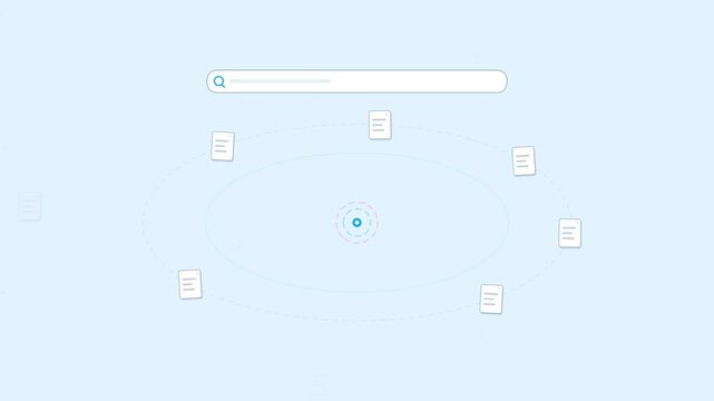 Ask knowledge assistant animation. Question bubble entering search bar while document nodes filter into answer card with source chips for ai search engine concept. Seamless loop motion graphic in 4k