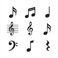 Fototapeta premium Musical notes icon set with different music symbols and notation flat vector illustration
