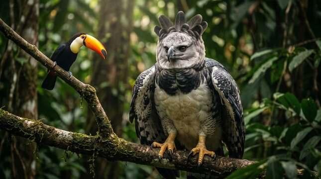Harpy eagle and toucan perched on branch in lush rainforest