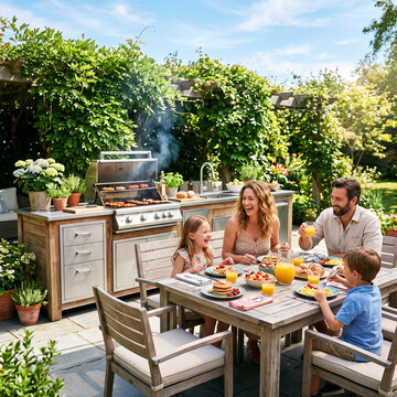 Famille heureuse prenant le petit d&eacute;jeuner et barbecue en terrasse dans un jardin ensoleill&eacute;