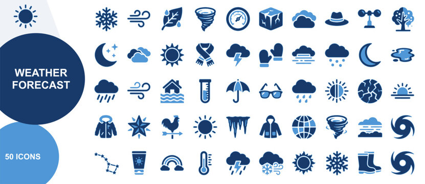 Comprehensive collection of fifty blue weather forecast icons depicting meteorological phenomena seasons and atmospheric climate change events
