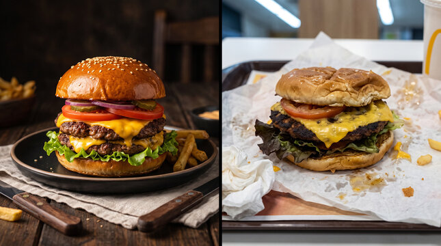 Comparaison entre un burger artisanal gourmand et un burger de fast-food