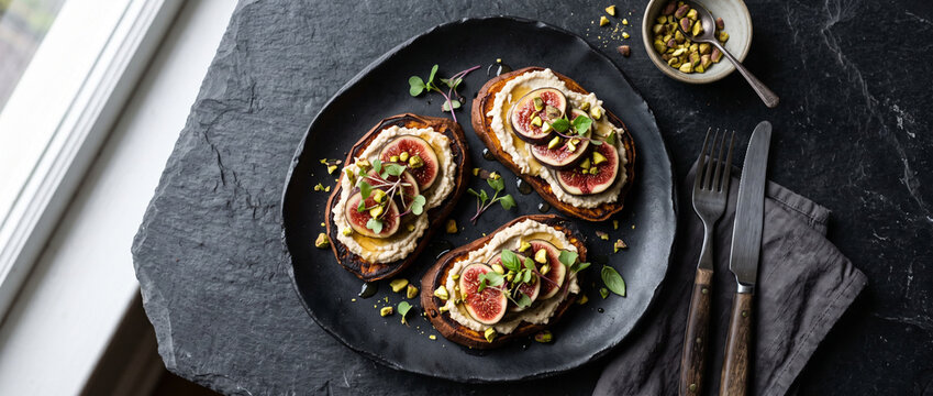 Toast gastronomique aux figues fra&icirc;ches fromage de ch&egrave;vre et pistaches sur ardoise