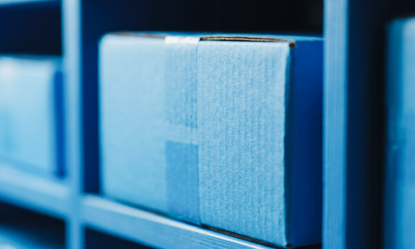 Blue cardboard box on a shelf