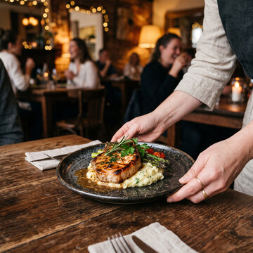 Serveuse apportant une assiette gastronomique de viande grill&eacute;e au restaurant