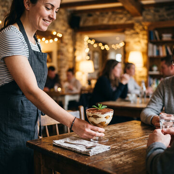 Serveuse souriante d&eacute;posant une coupe de tiramisu sur une table en bois dans un bistrot chaleureux