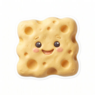 playful anthropomorphic cheese wedge with a smiling face in 3d cartoon style, yellow and white with holes