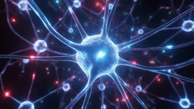 Microscopic view of glowing blue brain neurons with firing synapses