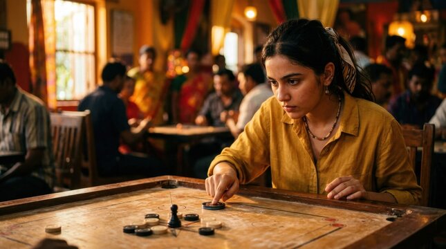 A young woman concentrating while playing carrom with others in a busy indoor environment.