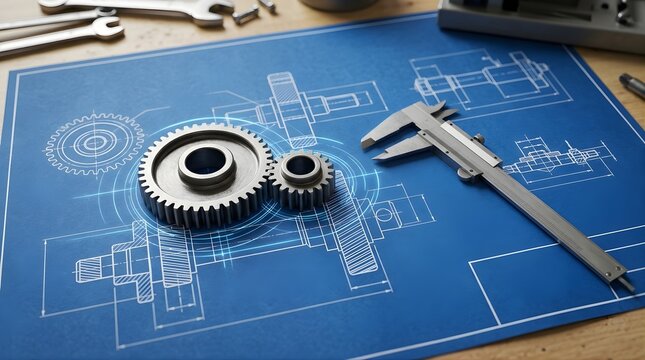 Metal gears and calipers placed on a technical engineering blueprint