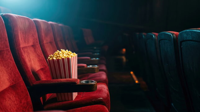 Popcorn in striped bucket resting on velvet cinema seat in dark movie theater, representing entertainment experience.