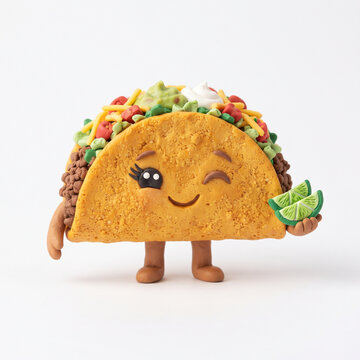 cheerful cartoon taco with closed eyes and smile, warm brown shell, colorful lettuce, cheese, beans in bright clean lighting