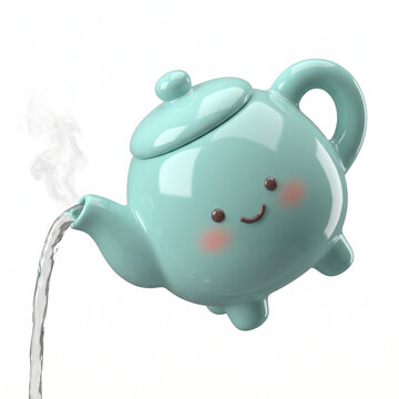 cheerful cartoon teapot with smiling face and blush marks, steaming spout pouring water, glossy teal and pink 3d render