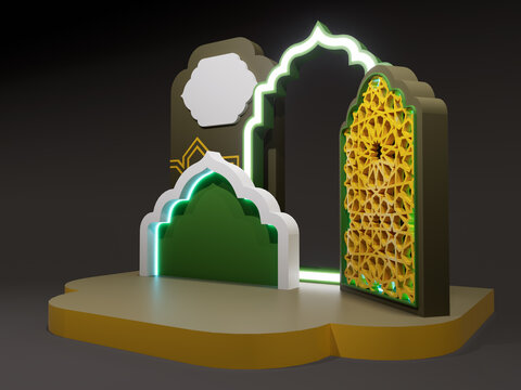 3D render Arabic Islamic photo booth ornament with neon glowing arch, gold geometric lattice mashrabiya panel, green podium platform, dark background