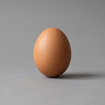 &OElig;uf de poule brun pos&eacute; en &eacute;quilibre sur fond gris neutre studio
