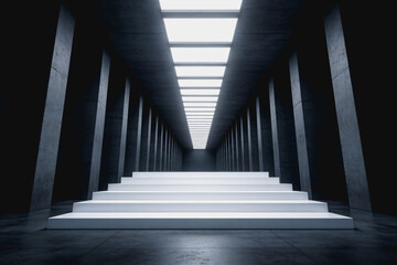 Fototapeta premium A symmetrical minimalist interior space with concrete structures, white stairs, and a skylight running down the center.
