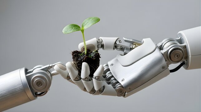 Robotic hands holding a small green plant sprout against a grey background
