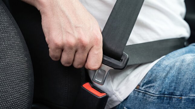 Close up of driver hand fastening safety seatbelt before driving modern automobile.