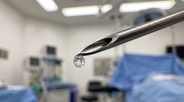 Close up of medical needle tip with liquid drop in surgical room.
