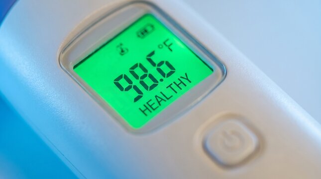 Digital infrared thermometer showing healthy body temperature of 98.6 Fahrenheit.