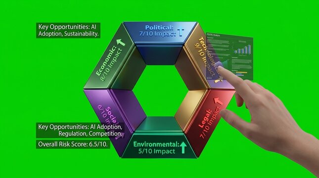 3D PESTEL analysis hexagon diagram with interactive business strategy data visualization