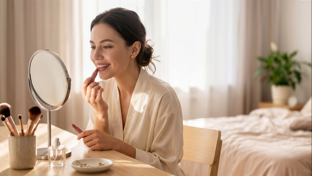 Young woman applying lipstick with mirror on vanity table in bedroom, morning beauty routine.