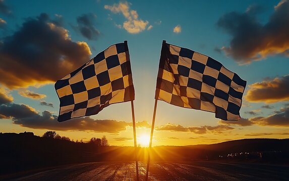 Two checkered flags waving in the sunset.