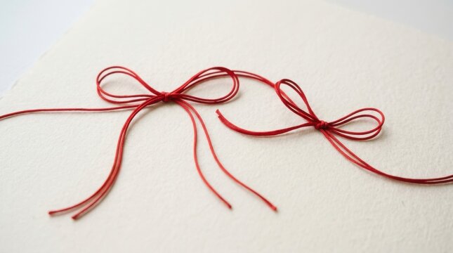 Two delicate red string bows tied from thin decorative cord isolated for gift wrapping or holiday craft projects