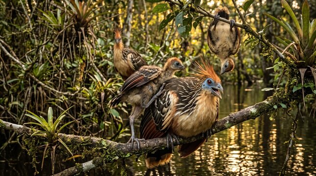 Hoatzin birds perched on branch in lush Amazon rainforest
