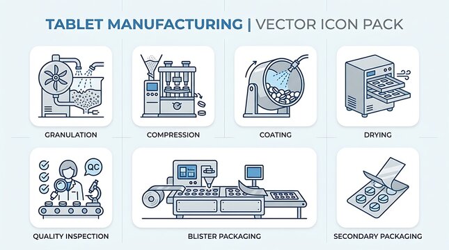 Vector icon pack illustrating the industrial pharmaceutical manufacturing process of tablets and pills