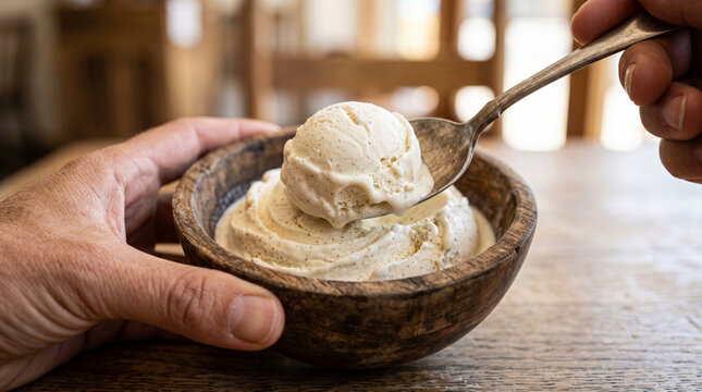 Close up of a hand holding a wooden bowl filled with creamy vanilla ice cream and a spoon scooping a portion