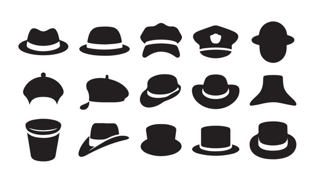 Classic gentlemen hats silhouette icons set containing fedora top hat bowler hat and professional helmets.