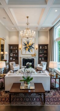 Elegant Living Room with Coffered Ceiling and Fireplace.
