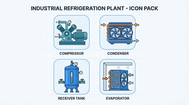 Professional Industrial Cooling Plant Components Vector Icons for HVAC Systems