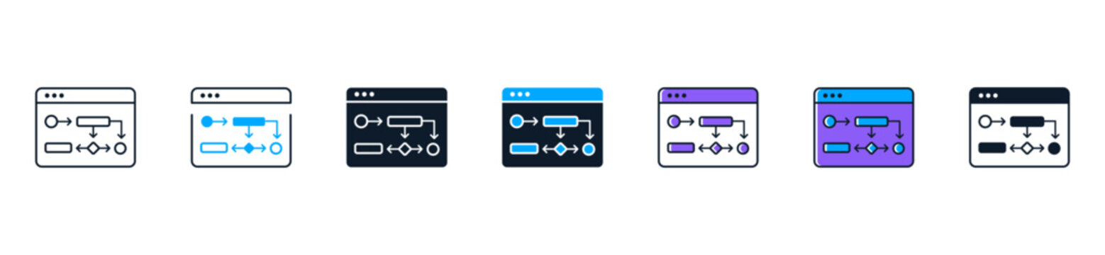 Algorithm flowchart icon set collection featuring decision tree, workflow diagram, process logic, programming structure, computational design vector illustration
