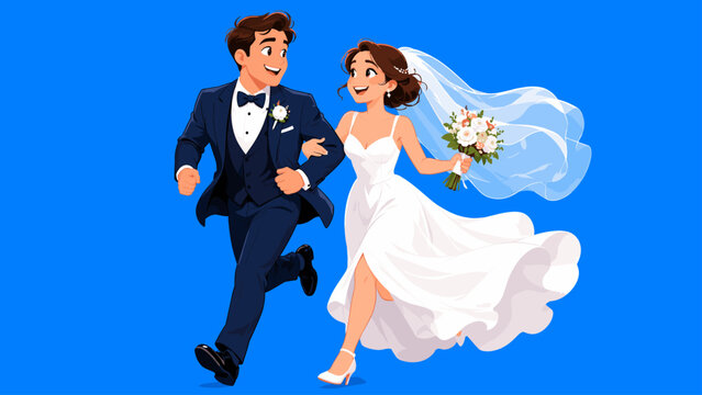 Joyful bride and groom running together on their wedding day