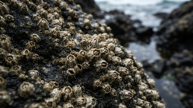 Close-up of barnacles attached to a rock at the oceans edge.