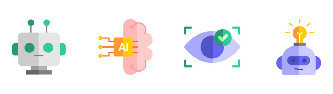 Digital intelligence icon set collection featuring humanoid robot, AI brain, scanning eye, robot lightbulb, smart tech concept vector