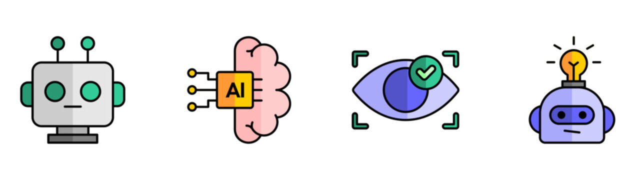 Cognitive AI icon set collection featuring robot head, digital brain, eye scanning, smart lightbulb idea, machine learning technology vector illustration