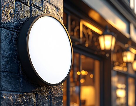 Round black outdoor store sign mockup on dark brick building wall facing city sidewalk